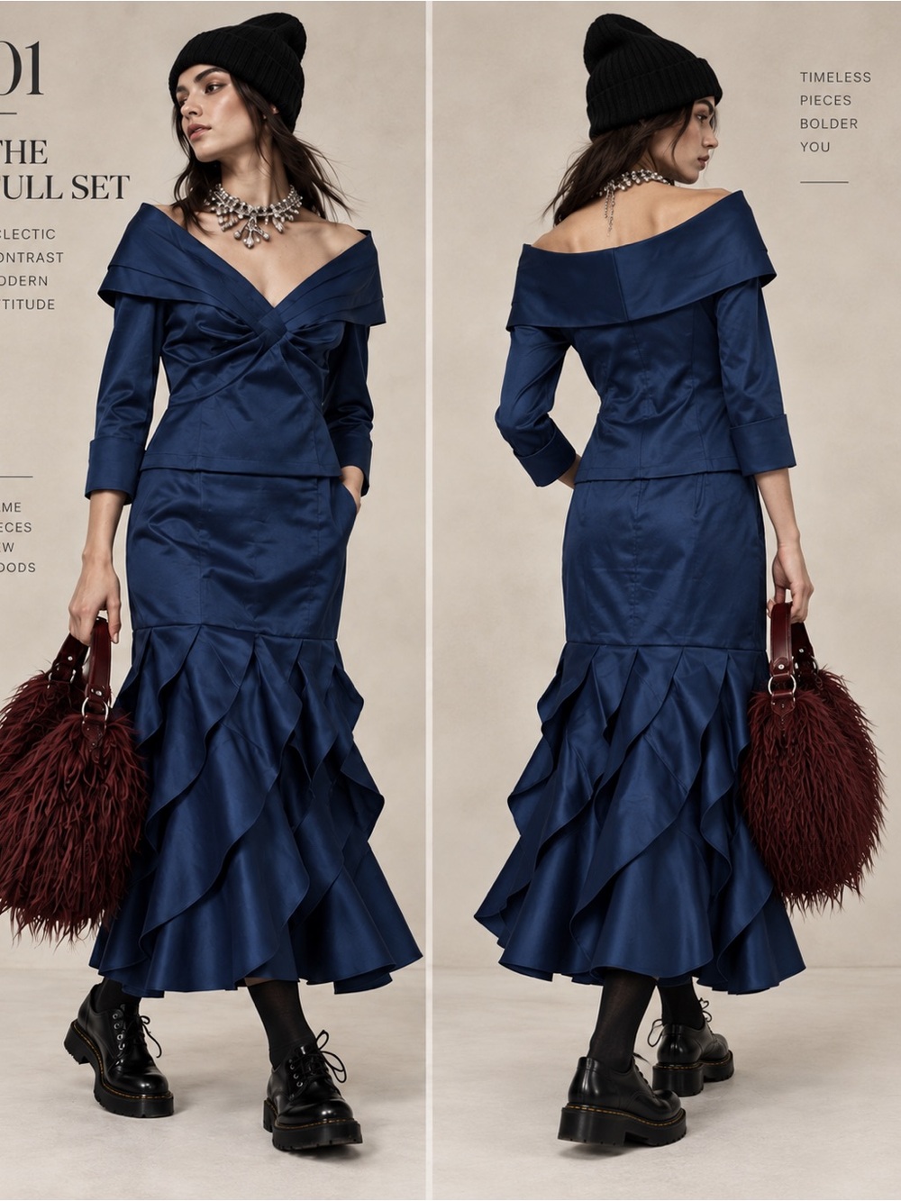Navy Y2K Two Piece Suit  Structured Top Ruffled Skirt